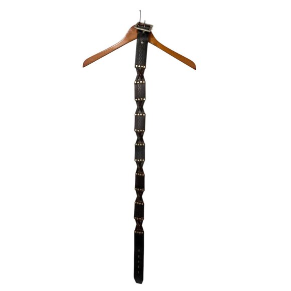 Hollywood Trading Co HTC Brown Leather Belt Studded Tooled Silver Buckle Size 34 - Picture 4 of 11